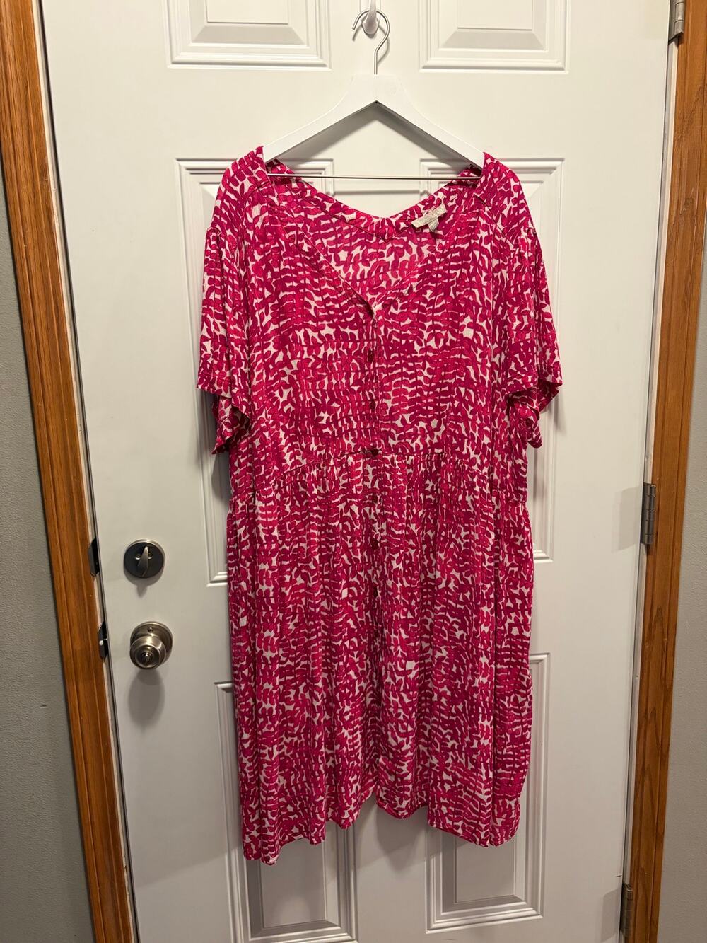 Woman Within Pink Leaf Print Rayon Empire Waist Babydoll  Dress Size 26/28 2XL